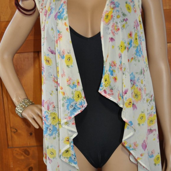 Women's fancy sleeveless Floral Print Chiffon Fabric Bohemian CardiganScarf Vest - Picture 2 of 5